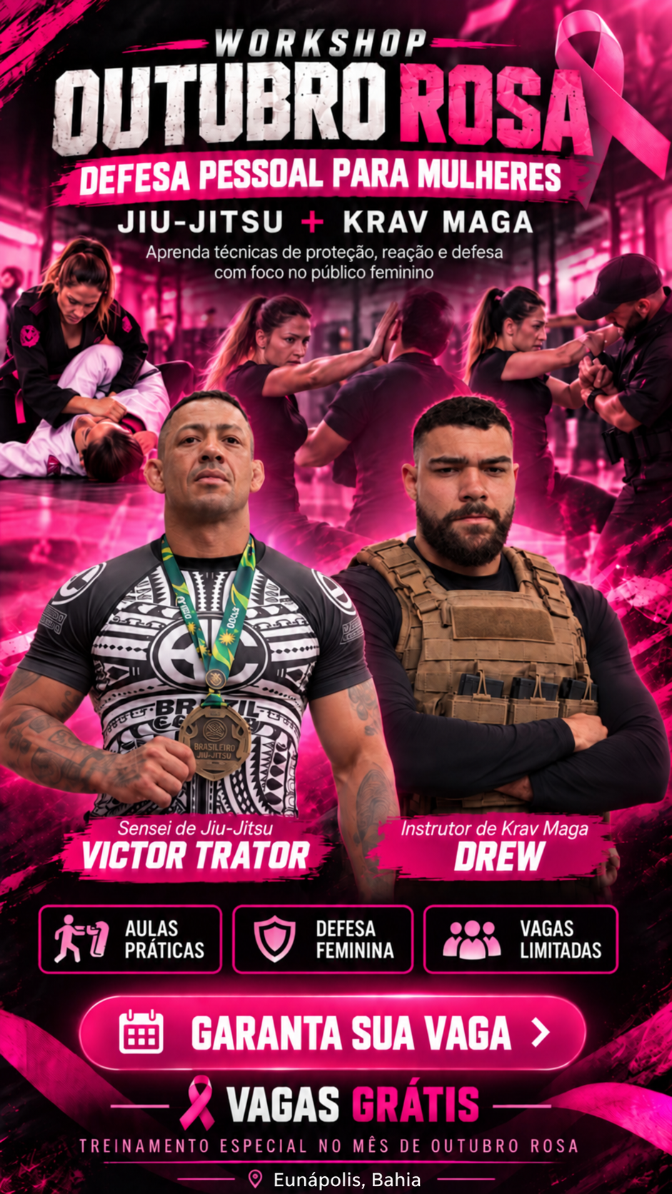 Cartaz do Workshop Outubro Rosa em Eunápolis com o sensei Victor Trator e o instrutor Drew